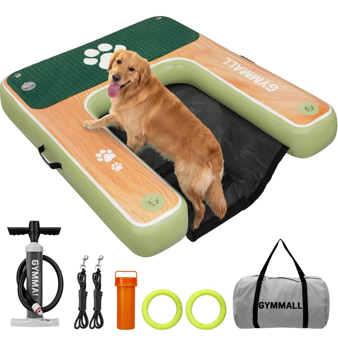 GYMMALL Dog Water Ramp 47 * 40inch Inflatable Pet Platform OliveGreen, Dog Dock Ramp for Boat Pool Lake Sea, Non-Slip Pool Water Ramp for Dogs up to 220lbs, EVA Float Ramp Dog Water Ladder