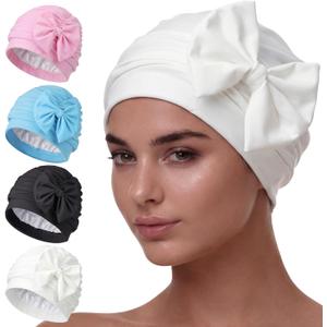 Soulchen 4 Pack Swim Caps for Women Waterproof Bathing Cap Elastic Full Coverage Swimming Turban for Long Hair Care Ear Protection, Pool, Beach, Water Sports Supplies