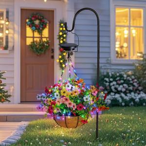 Solar Artificial Hanging Baskets: Lighted Fake Flowers Basket with RGB Solar Lights for Outdoors - 10 Inch Outside Faux Plant Baskets with Silk Colorful Realistic Petunias for Porch Garden Decor