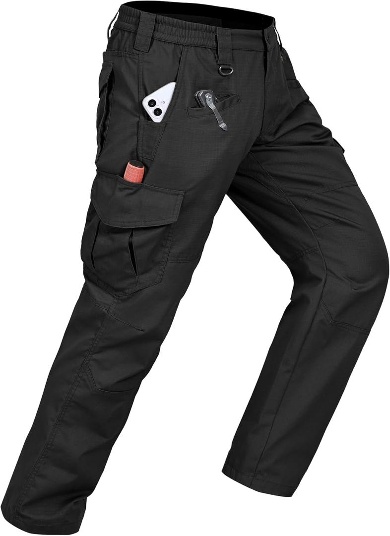 CNBQDD Mens Work Pants Cargo Tactical Construction for Men Ripstop Waterproof Lightweight Outdoor Hiking with Pockets (Black, L)