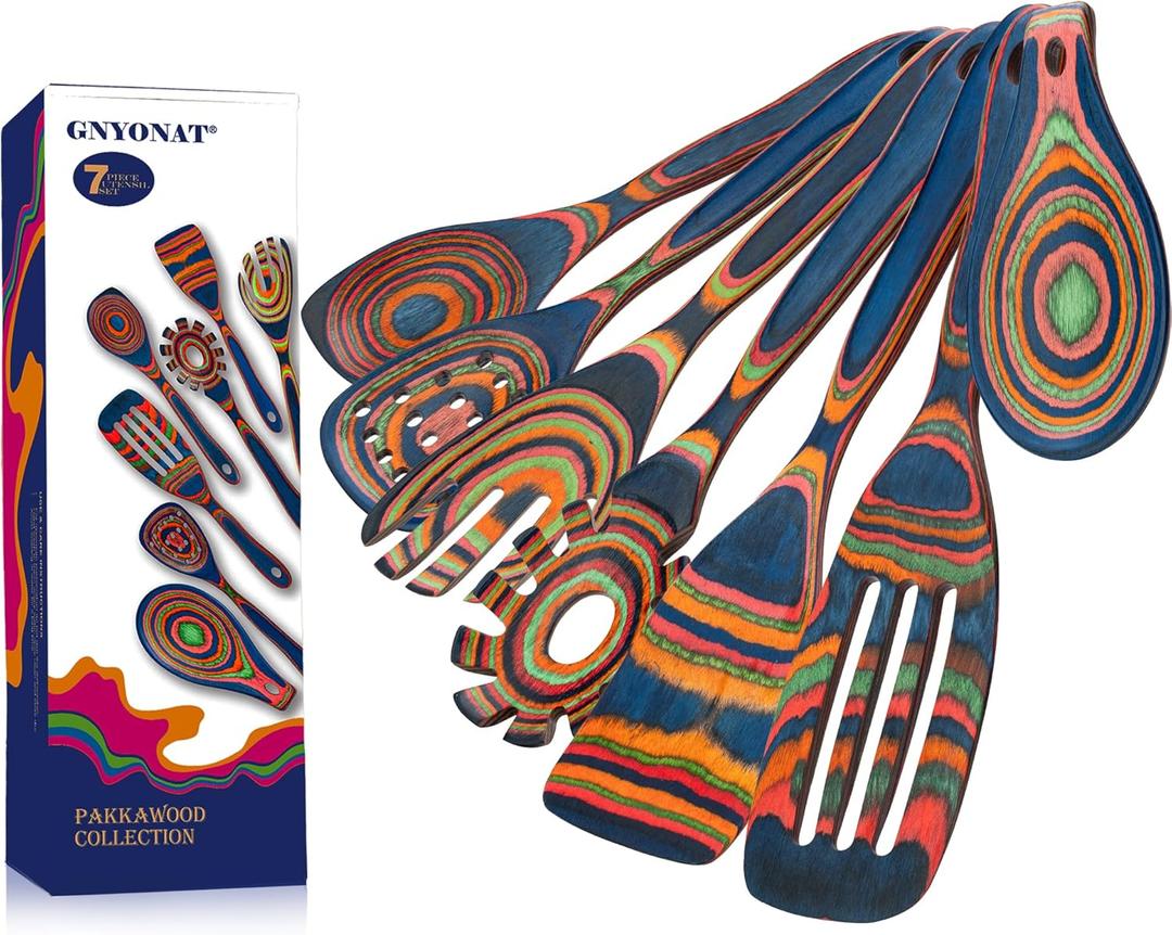 Pakkawood Blue Wooden Kitchen Utensil Set, 7-Piece Cooking Spoons, Non-Stick Colorful Serving Tools with Decorative Pattern