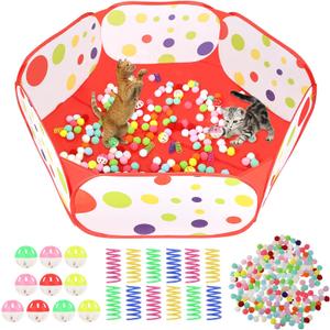 Cat Ball Pit Include 200 Pom Pom Balls 10 Jingle Balls and 12 PCS Cat Spring Toy for Indoor Bored Self Play Enrichment Toy for Indoor Cats Interactive Fun and Exercise