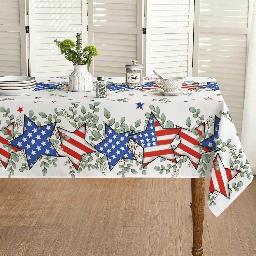 Horaldaily 4th of July Tablecloth 60x104 Inch, Patriotic Eucalyptus Star Independence Day Memorial Day Table Cover for Party Picnic Dinner Decor (White)