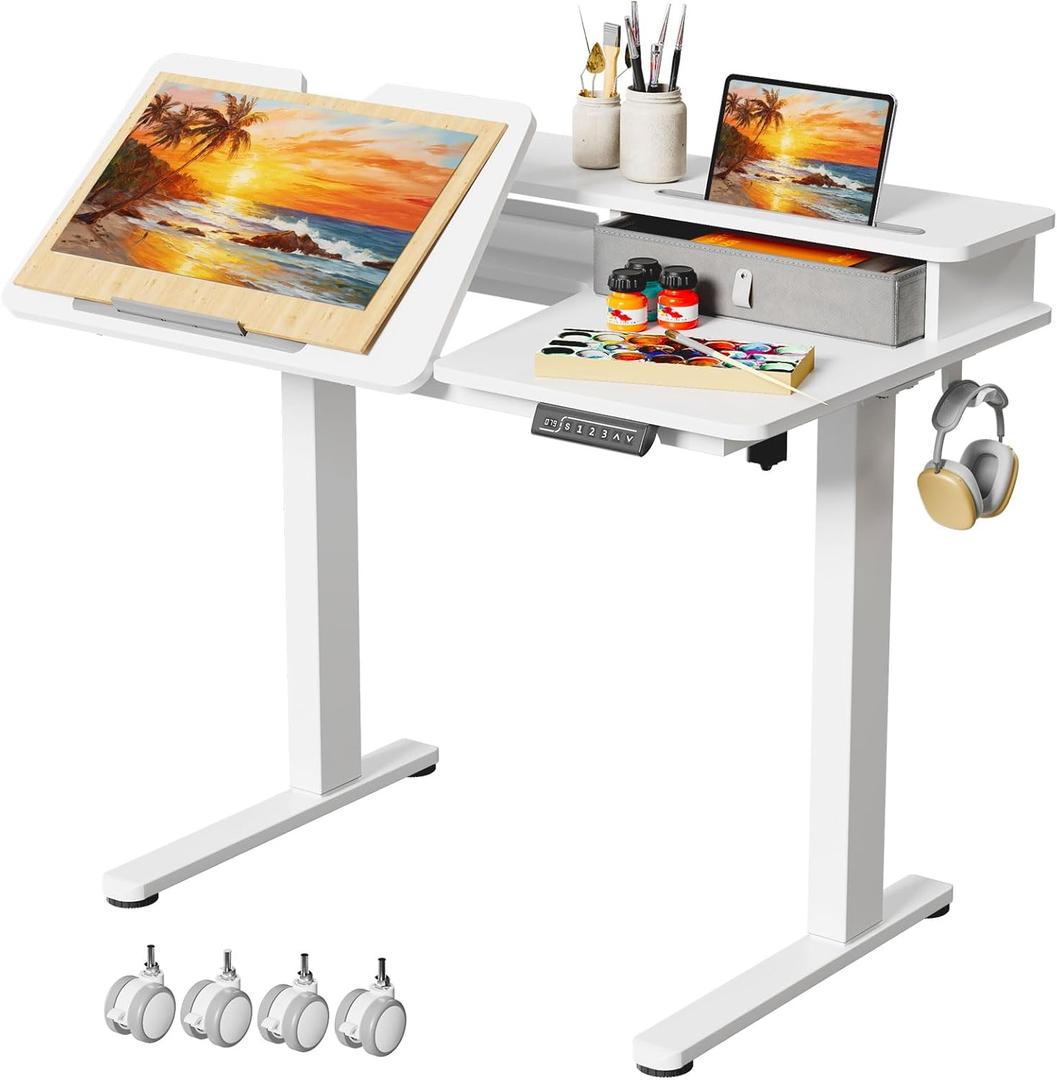 White Standing Desk60 Tiltable Height Adjustable Electric Rising Desk40Inch Foldable Mobile Laptop Table with Shelf,Monitor Stand, Drawer ,Flippable Drafting Workstation on Wheels for Kids Drawing