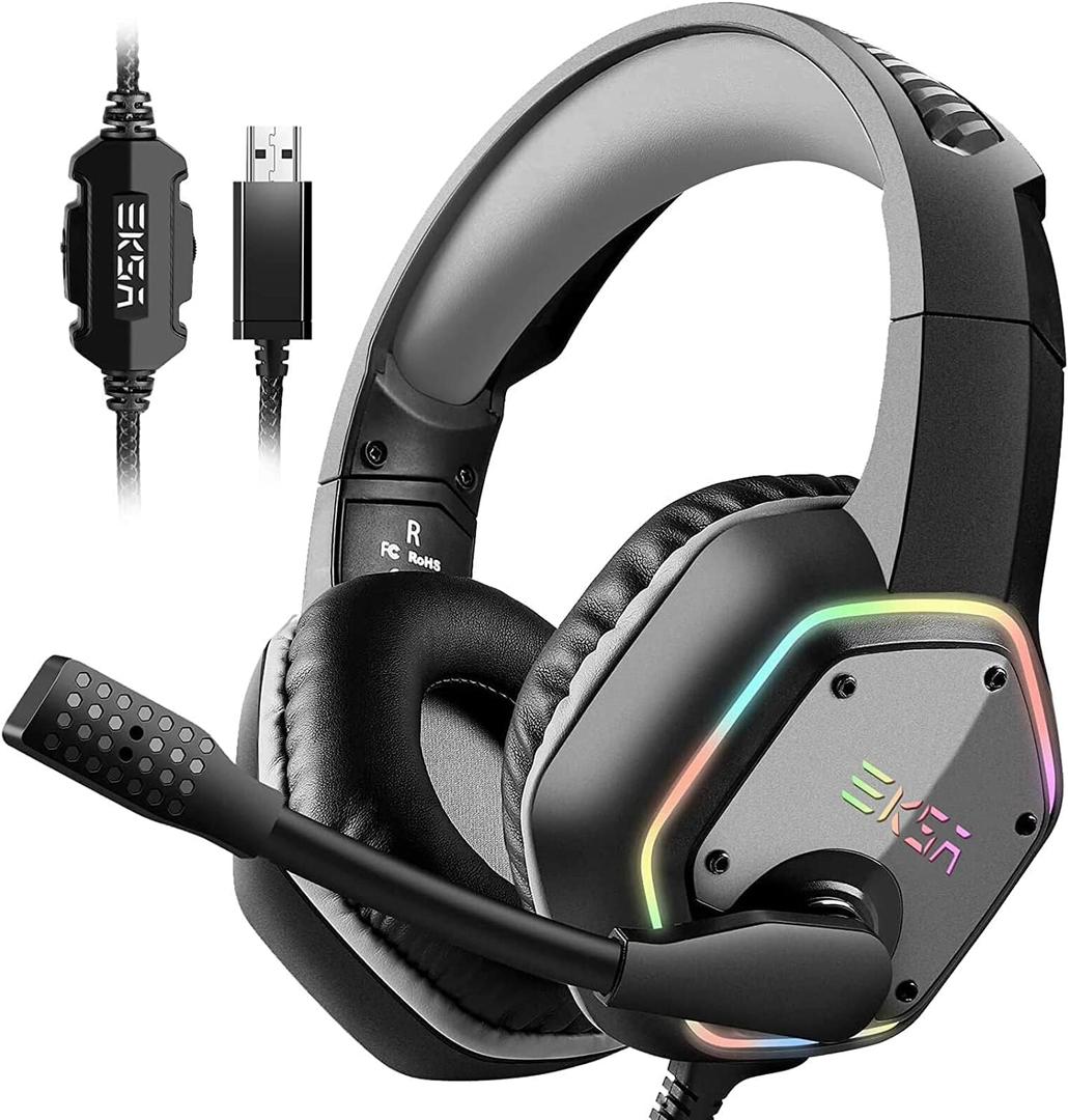 EKSA E1000 USB Gaming Headset for PC, Computer Headphones with Microphone/Mic Noise Cancelling, 7.1 Surround Sound, RGB Light - Wired Headphones for PS4, PS5 Console, Laptop, Call Center (Grey)