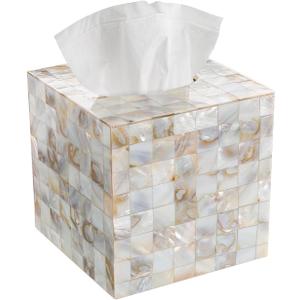 Milano Tissue Box Cover Square Decorative Tissue Holder for Bathroom - Beautiful Natural Mother of Pearl Capiz Shells Tissue Box Holder - Cube Tissue Box Cover with Durable Bottom Slider, Square Tissue Box Cover