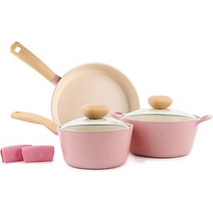 Neoflam Retro 5-Piece Ceramic Nonstick Cookware Set, PFOA Free Pots and Pans with Integrated Steam Vent Lid knob prevents boil over and Heat Resistant Silicone Grips for safer cooking at kitchen, Pink