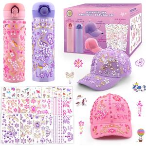 Gifts for Girls 5 6 7 8 9 10 11 Year Old, Decorate Your Own Water Bottle Baseball Cap with Gem Unicorn Stickers, Birthday Gifts for Girls Age 4-12, Kids Arts Crafts Toys Water Bottles to School