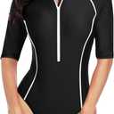 Daci Women Long Sleeve Rash Guard One Piece Swimsuit Zipper Surfing Bathing Suit UPF 50 (X-Large, Black and White)