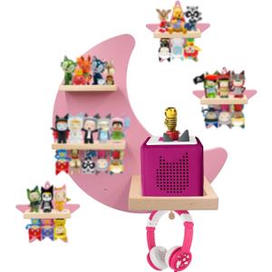 for Toniebox Starter Tonie Shelf Wall Mounted Set of 4 (Moon and 3 Stars),Tonies Figures Tonies Storage,Magnetic Wooden Floating Shelves Compatible with Tonie box Player Character for Children Room