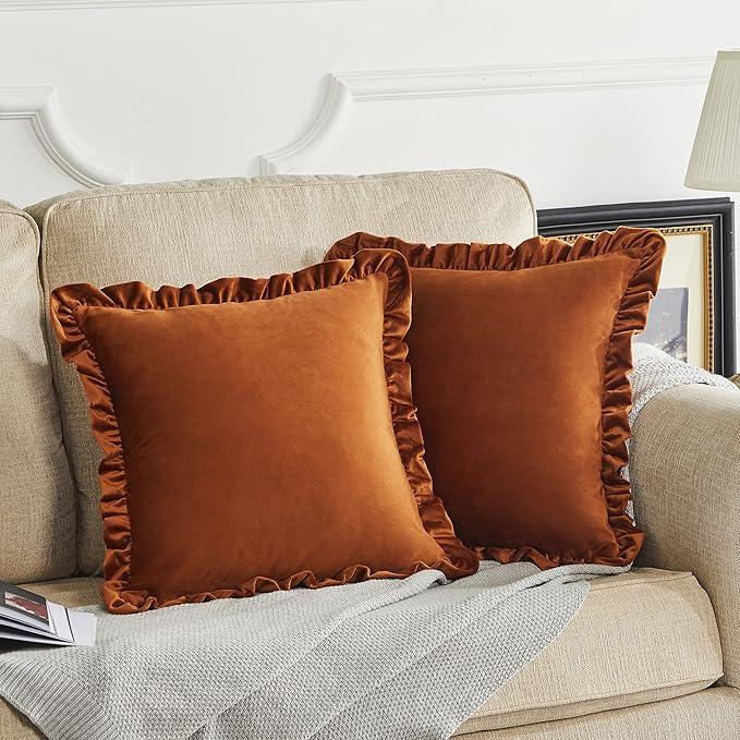 GIGIZAZA Burnt Orange Decorative Throw Pillow Covers, 18x18 Velvet Ruffle Cushion Pillow Covers for Sofa Couch Set of 2, Burnt Orange 