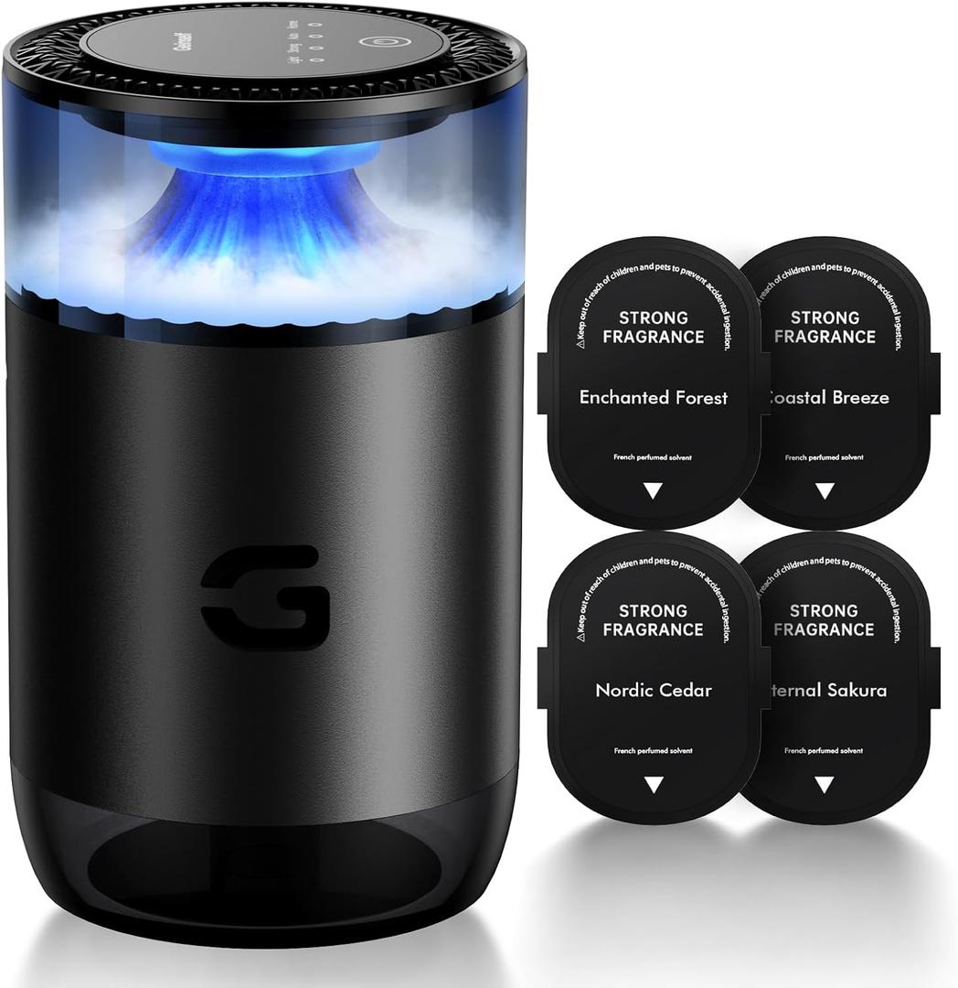 Smart Car Air Freshener Diffuser, Waterless Essential Oil Diffuser with 4 Modes, 4 Scent Refills, Auto On/Off, USB - C Rechargeable Wireless, Ambient Light for Home/Car Use (5502-Black)