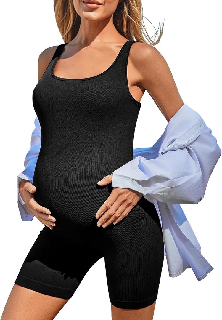 Summer Mae Women Maternity Bodysuit Ribbed Pregnancy Seamless Jumpsuit Romper Workout Tank Top Shorts Stretchy Unitard (4-6, Black)