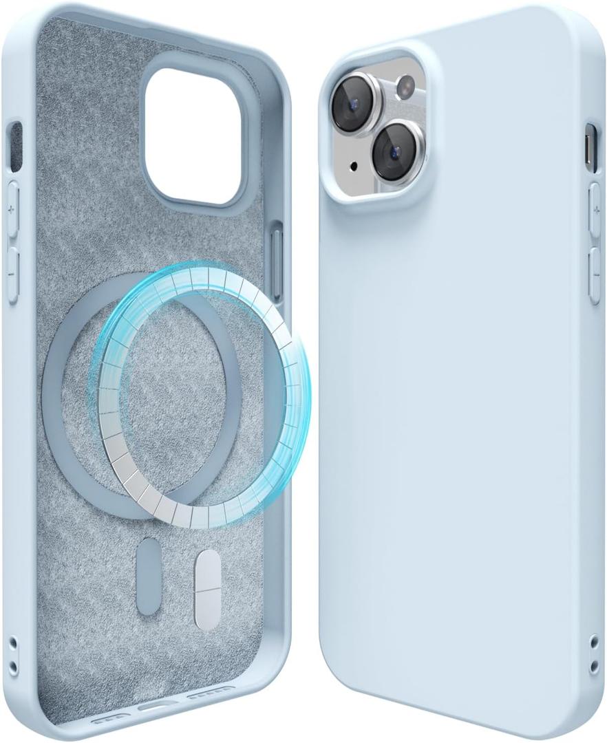 oakxco Silicone Case for iPhone 15 Case Magnetic, Compatible with Magsafe Wireless Charging, Slim Thin Soft Rubber Gel, Girly Cute Aesthetic Trendy Hard Shell Mag Safe Cover for Women, Light Blue