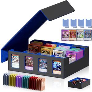 Trading Card Storage Box with Commander Display, 4-Row Deck Case w/Removable Lid; 3900+ Card Deck Box for MTG TCG Sports Cards, 8 Toploaders, 4 Stoppers, 24 Dividers,1 Dice Tray (Black)
