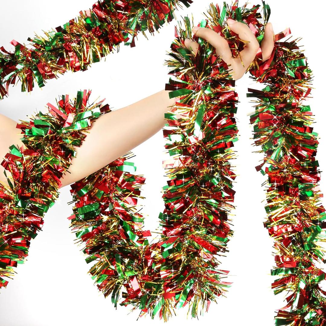 LEASEN 50 FT Christmas Tinsel Garland Metallic Tinsel Twist Garland Glitter Christmas Tree Decorations in Red, Green and Gold