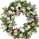 22 Inch Spring Easter Green Leaves Wreath for Front Door, Easter Bunny Wild Flower Eggs Wreath for Home Decoration, Rustic Farmhouse Lamb Ears Floral for Home
