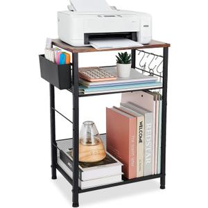 Small Under Desk Storage, Brown Printer Stand with Storage Shelf, 3-Tier Height Adjustable Printer Table with Basket & 3 Hooks for Home Office Fax Machine Scanner Files