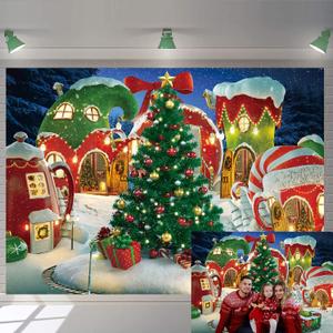 Cartoon Christmas Village Photography Backdrop Winter Snow Pine Tree Background Xmas Fairy Tale Animated Kid Party Photo Booth Banner Supplies (10x8)
