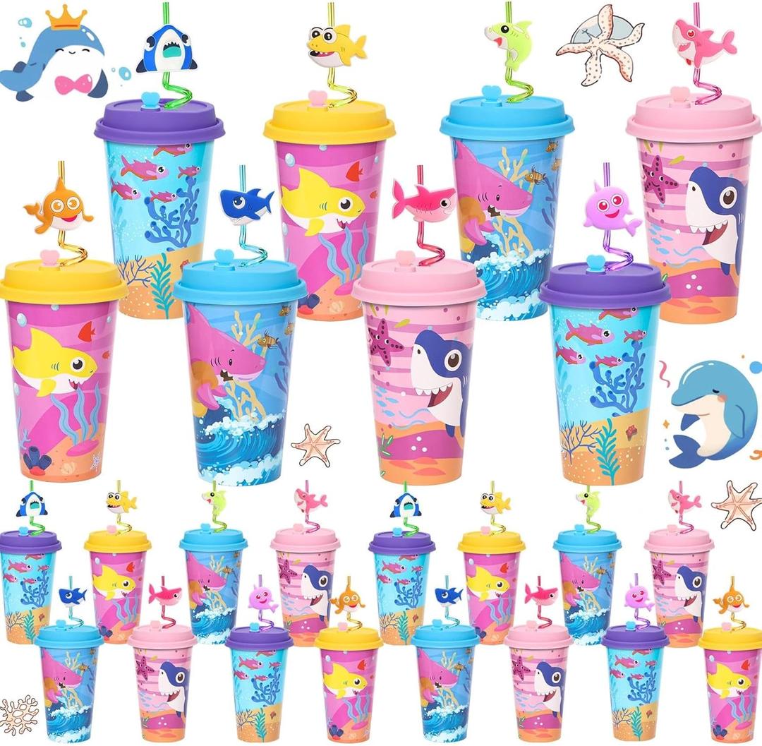 AFZMON 24 Sets Shark Party Favors Goodie Cups With Lids and Silly Straws Bulk, Shark Birthday Decorations for Kids Bags Stuffers Gifts