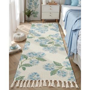DEXI Area Rugs for Bedroom, 2x6 Reversible Hallway Rug with Tassels, Soft Low Pile Bedside Rug, Modern Laundry Room Indoor Cotton Carpet for Kitchen Floor Entryway Living Room, Blue and Pink Flower