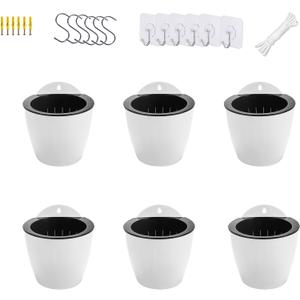 6 Pack White Hanging Planter Pots Self Watering Vertical Garden Wall Mount Window Hang Round Plastic Container Indoor Outdoor for Plants Flowers Succulent Kitchen Living Herbs Holder Decor(Large)