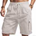 Men's Casual Linen Cargo Shorts with Drawstring Waist & 5 Pockets (Medium, Light Gray)