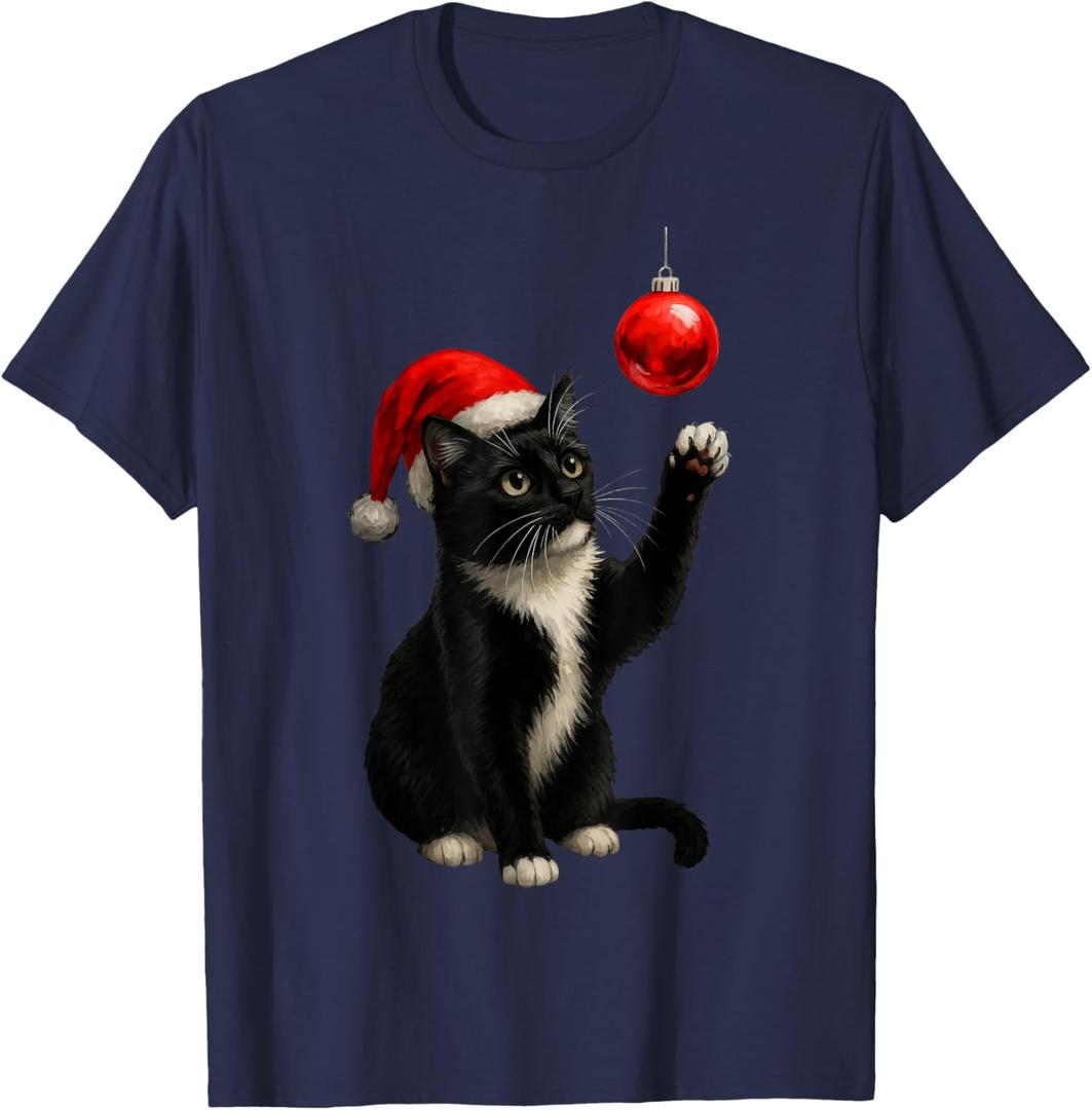 Funny Tuxedo Bauble Cat Santa Hat Red Xmas Christmas T-Shirt 2XL