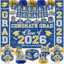Graduation Decorations Class of 2026 Blue and Gold Graduation Decorations with Congrats Grad Banner,Backdrop,Porch Sign,Balloons,Hanging Swirls,Honeycomb Centerpieces,Box for Graduation Party Supplies