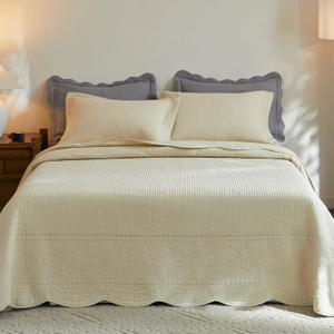 MarCielo 3-Piece 100% Cotton Oversized Bedspread Lightweight Quilt Coverlet Embroidery Farmhouse Bedding Set (TG Khaki Beige, Queen (100"x106"))