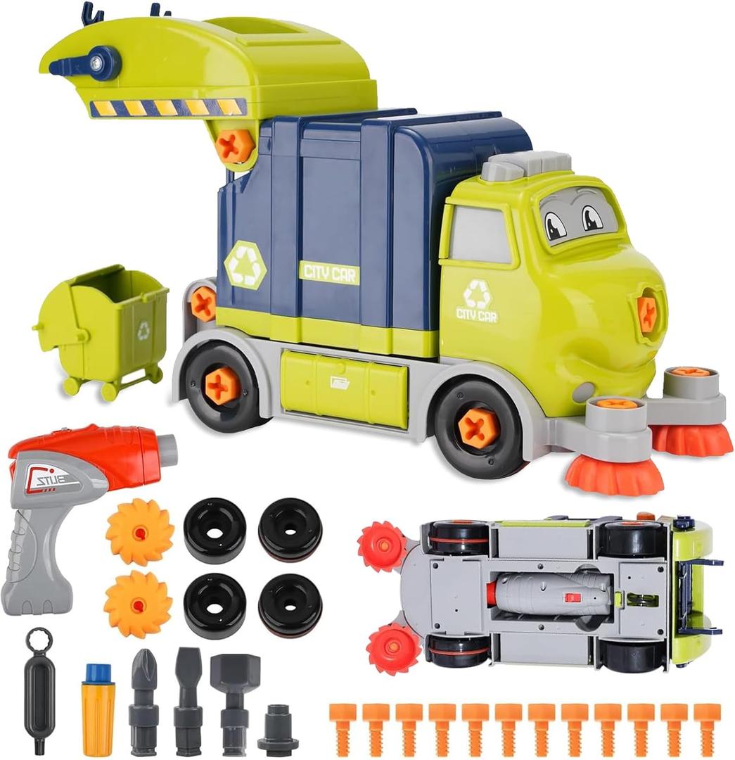 Take Apart Toy Garbage Truck Toys - 29 Pieces Disassembly Set with Electric Drill, Christmas Day & Birthday Gift for 3 4 5 6 7 Year Old Boys, Garbage Trash Truck Toy for Boys Kids