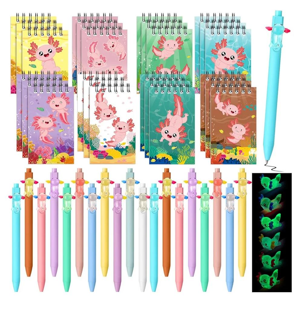 AmazingSpark 48 Pcs Axolotl Mini Notebooks Axolotl Ballpoint Pens Set Cute Animal Pocket Notepads Retractable Pens Gift for Birthday Party Favors Goodie Bag Stuffers School Classroom Rewards