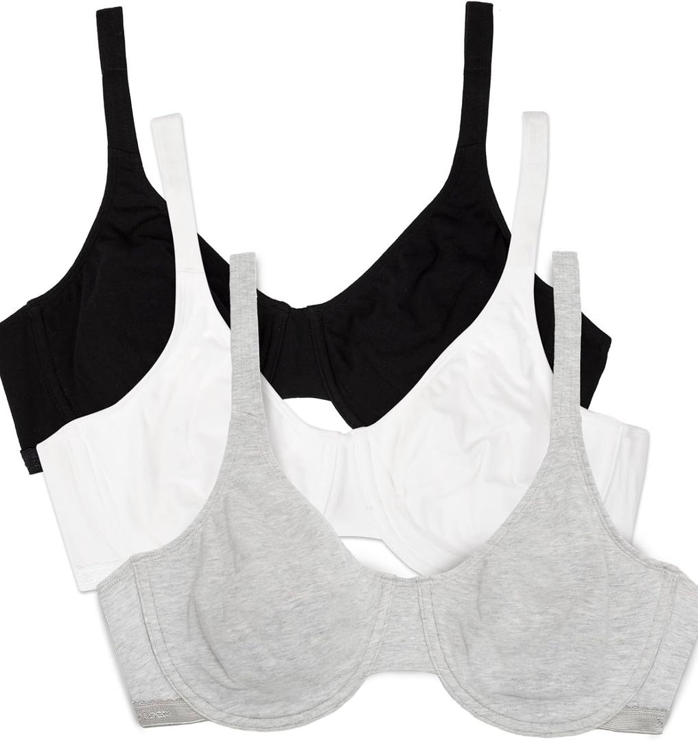 Fruit of the Loom Women's Unlined Underwire Bra - Cotton & Spandex Blend for Natural Shape and Flexibility (36DD, Blk/ White 86ck/ Grey Heather)