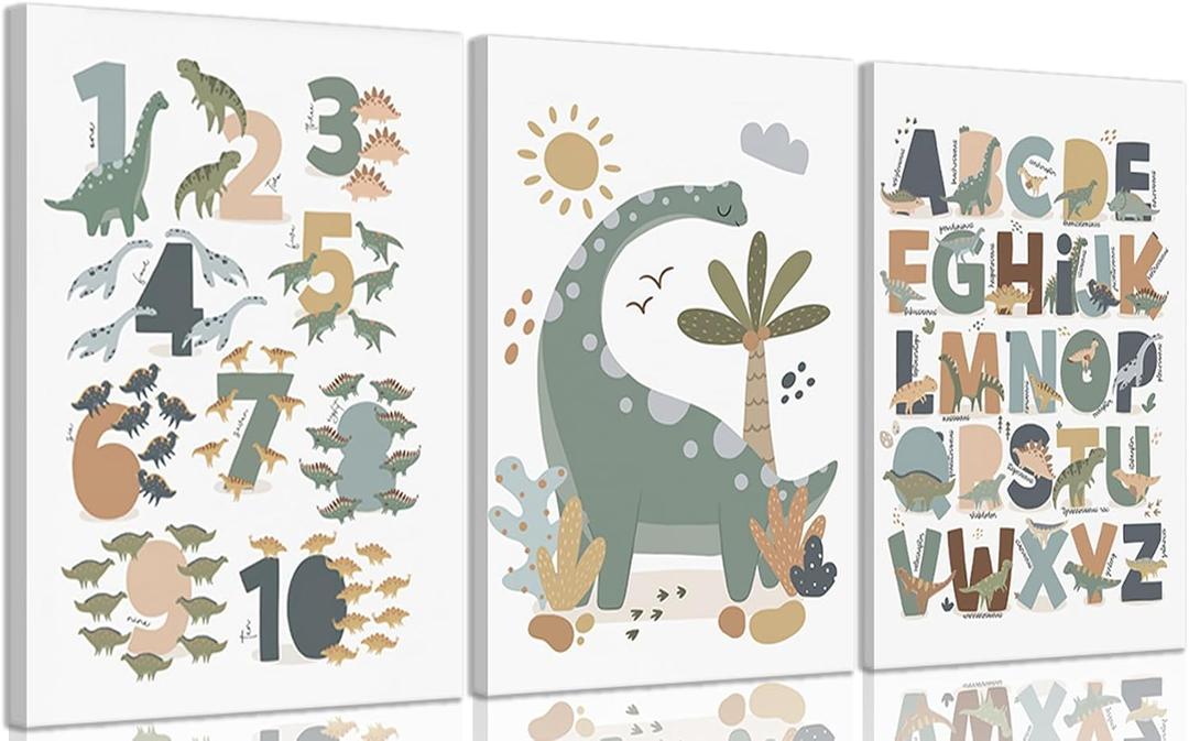ZLXARTLA Dinosaur Alphabet Numbers Canvas Wall Art Kids Reading Room Wall Decor Pictures Nursery Prints Game Room Painting Artwork for Kids Room Playroom Classroom Reading Nook 12x16in