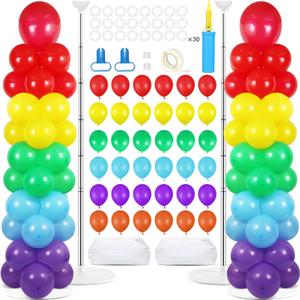 2 Sets Rainbow Balloon Column Stand Kit with 100 Graduation Adjustable Balloons Tower Stand with Bases for Floor Assorted Colors Column for Spring Mother's Day Birthday Wedding Party Decor