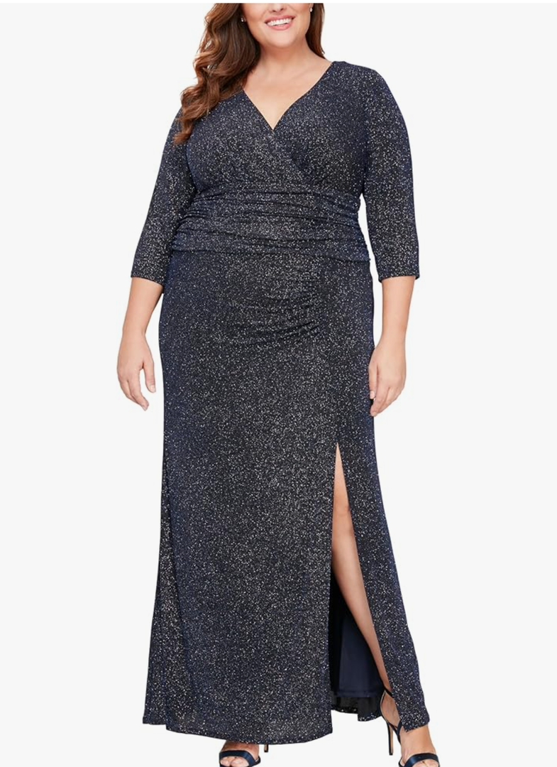 S.L. Fashions Women's Long Metallic Side Ruched Dress with Slit (Plus Size)