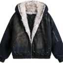 thesupermade Fur Hoodie Jacket Teen Zip Up Lined Thicken Denim Winter Fuzzy Streetwear Hooded Coat (L)