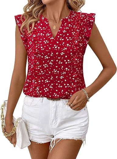 Timeson Women's Tops Dressy Casual Sleeveless Business Work Blouses Chiffon Office Tanks, Medium, Spotted Red 