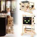 4-in-1 Montessori Smart Learning Tower  Convertible Toddler Step Stool, Activity Table & Chalkboard Center, Adjustable Height with Safety Net  Premium Eco-Friendly Wooden Design for Kids 13