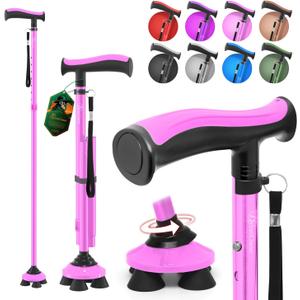 BeneCane Walking Cane for Men & Women Walking Stick for Seniors Folding Canes Quad Cane Adjustable Lightweight Sturdy Collapsible Heavy Duty with Soft TPR T-Handle and Travel Bag (Pink)