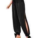 WDIRARA Women's Boho High Waist Split Knot Hem Long Pants Flowy Harem Yoga Pants Dark Black, Large