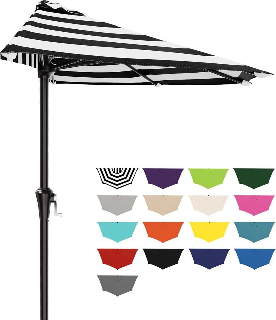 AreShark 9FT Half Patio Umbrella, Outdoor Wall Umbrella with Crank & 5 Sturdy Ribs, Table 1/2 Umbrella Patio for Garden, Deck, Balcony and Pool, Black & White Stripe