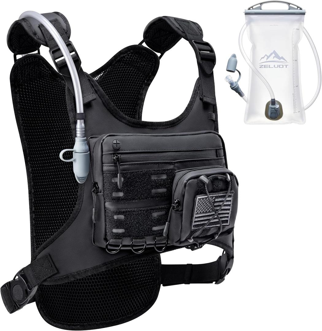Running Vest with 2L Water Bladder, USA Original Patent, Lightweight Adjustable Chest Pack with Pistol Holster, Reflective Running Hydration Vest for Women Men for Marathon (Medium-Large, Black)