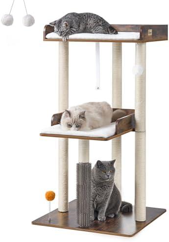 FourFurPets 43.7" Cat Tree, Modern Cat Tree Tower, Cat Tower for Indoor Cats Large Adult, Big Cat Tree with Scratching Post, Wooden Cat Tree with Large Perch, Cat Condo for Adult cat, Rustic Brown