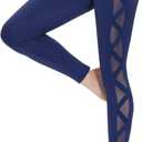 romansong Women's Mesh Leggings Yoga Pants with Pocket, Non See-Through Capri High Waisted Tummy Control 4 Way Stretch (Large, Navy)