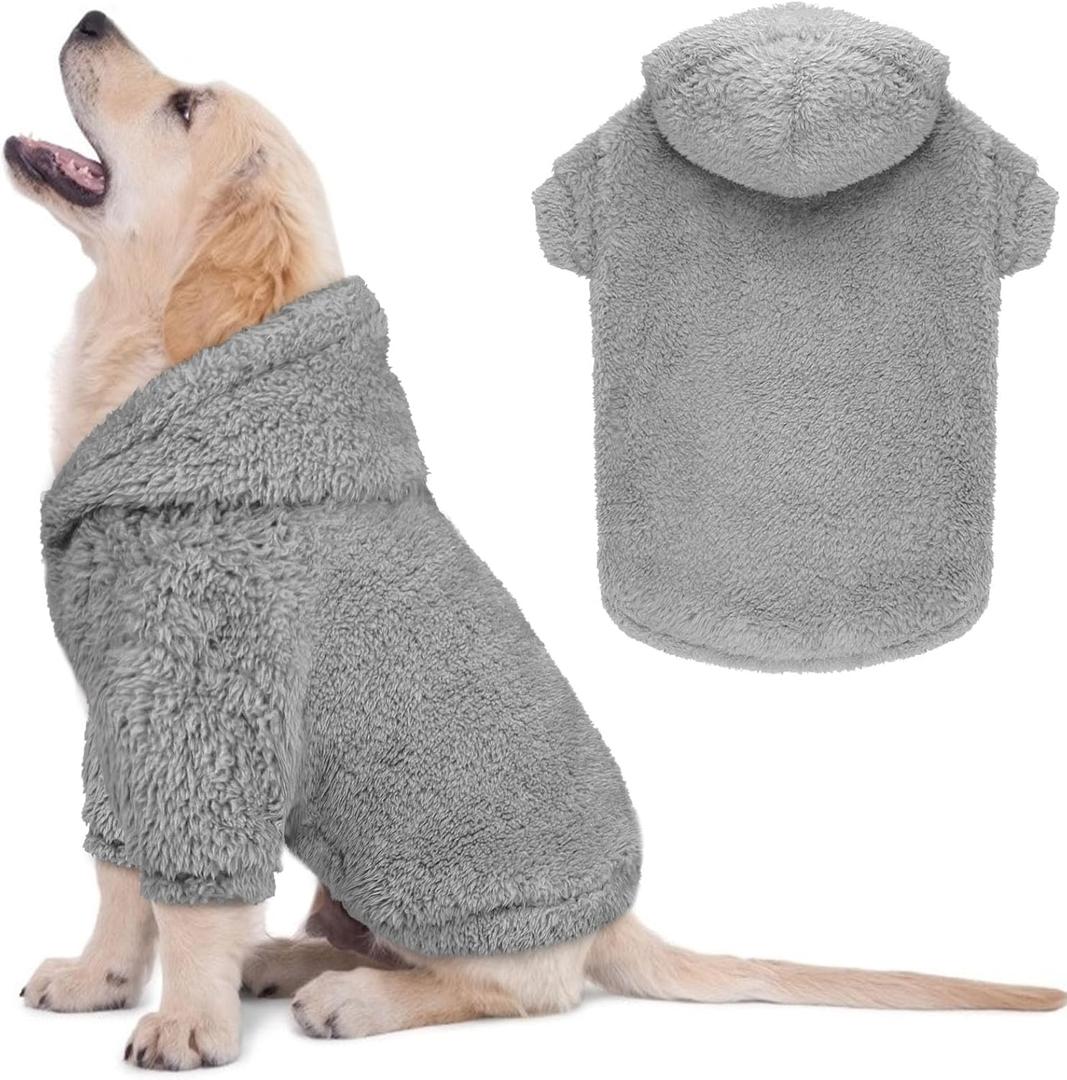Fuzzy Dog Sweaters for Small Dogs Soft Double-Sided Plush Fleece Pet Sweater Dog Hoodie Clothes Coats Sherpa Hooded Sweatshirt, Grey, XS