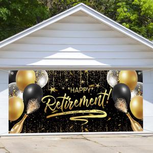 Retirement Garage Door Cover, Black and Golden Glitter Happy Retirement Garage Door Banner 6 x 13 ft Large Indoor Outer Backdrop for Party Photography Photo Props Decor (Independence Day 1)