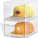 Hat Organizer Box, Stackable Clear Baseball Caps Holder Box Containers with Magnetic Door for Hats Snapback Cap Storage, Hat Rack Display Case, Holds 8 Hats Each (Clear, 2 Pack)