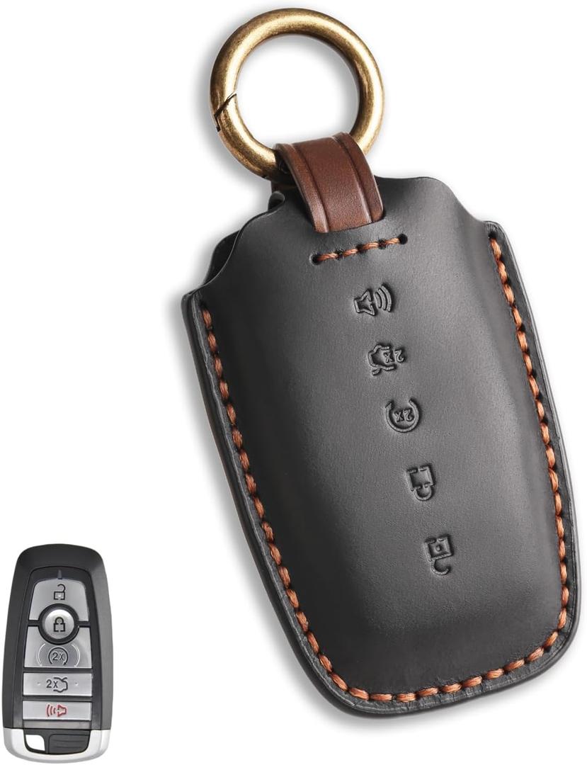 for Ford Key Fob Cover, Compatible with Bronco Explorer F150 Mustang Escape Edge Expedition Fusion Ranger for Lincoln Car Key Fob Chain 5 Button Smart Remote Car Leather Key Protector/Black