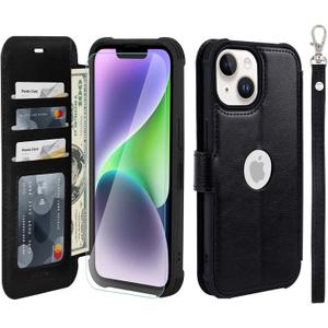 VANAVAGY Compatible for iPhone 14 Plus/15 Plus Wallet Case for Women Men, PU Leather Flip Cover with Wrist Strap for Wireless Charging with RFID Blocking Card Holder Screen Protector,Black